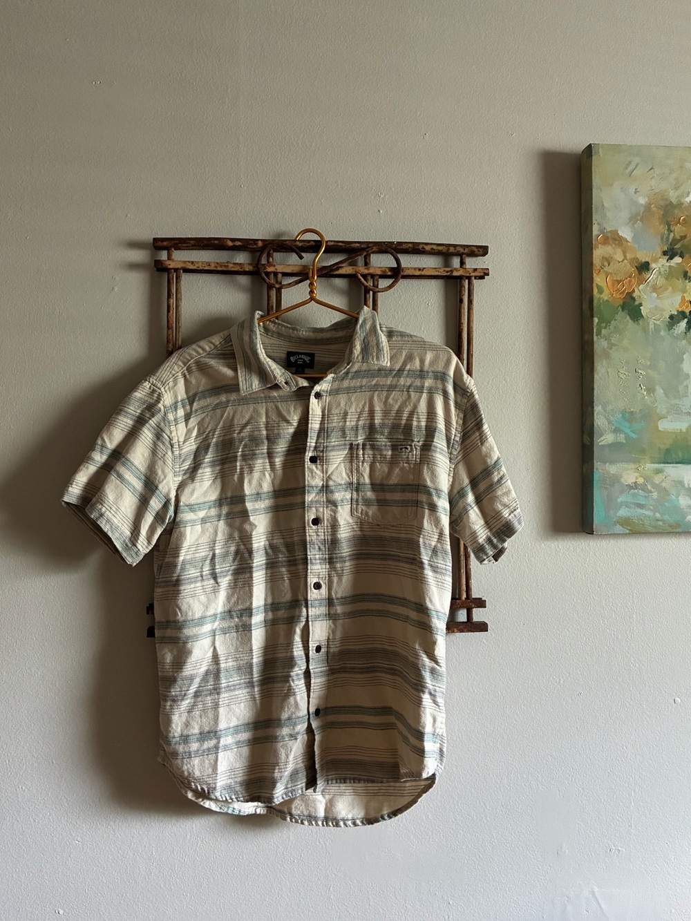 Billabong Beige Button-Down Shirt with Light Blue Stripes